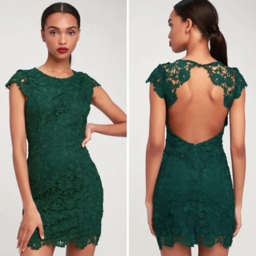 NWOT Lulu's Romance Language Dark Green Backless Lace Dress